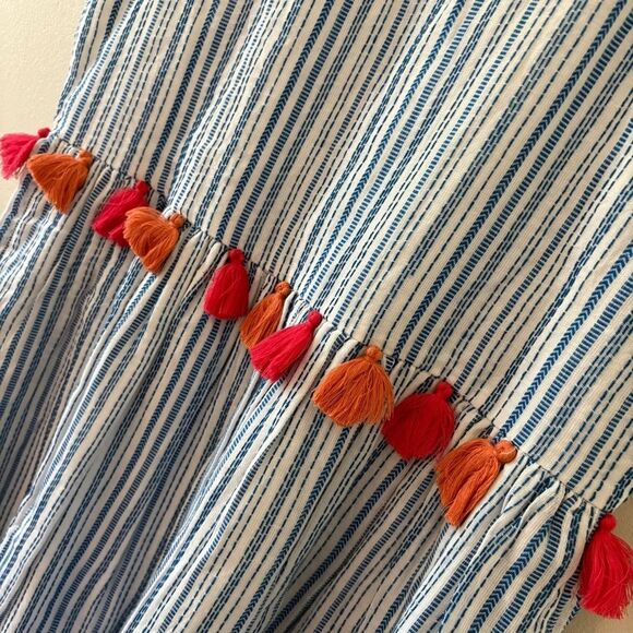 THML Blue White Vertical Striped 100% Cotton Dress Pockets Red Tassels women's S - Picture 6 of 12